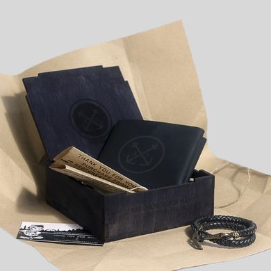 Подарунковий набір для чоловіка Wallet Square Box - Black (Гаманець + Браслет + Коробочка)